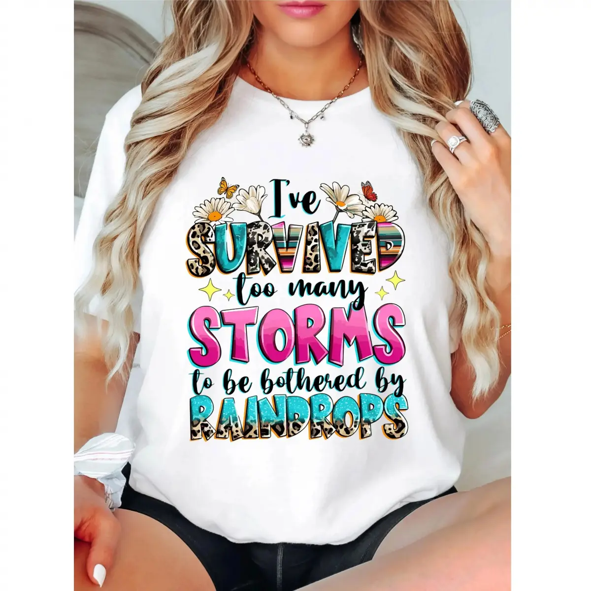 Summer Aesthetic Tee Viral Trending I've Survived Too Many Storms To Be Bothered By Raindrops T-Shirt, Positivity Shirt, Motivational Quotes Tee, Kindness Gift Tee, Business Woman Shirt.Oversized Y2K Vintage Graphic Tee for Men and Women S-5XL,p,com,table
