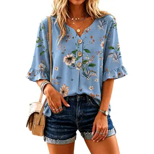 Flamingals Floral Pattern Ruffle Button Front Notched Neck Half Sleeve Blouse