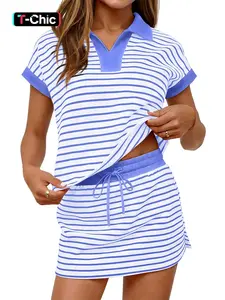 Women's Striped Fitted Two-Piece Set, Short Sleeve Shoulder Cover Top, Elastic Waist Skirt Pants, Casual, V Neck Blouse + Half Dress, Summer Wear, Womenswear