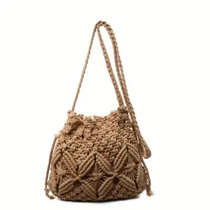 BeadBreath Woven Rope Bucket Bag, Medium Minimalist Macrame Crossbody, High-Quality Spring & Summer Shoulder Bag