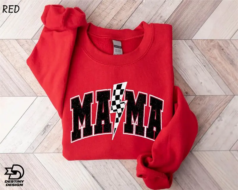 Mama Checkered Sweatshirt, Lightning Bolt Crewneck, Trendy Mom Graphic Apparel, Gift for Moms