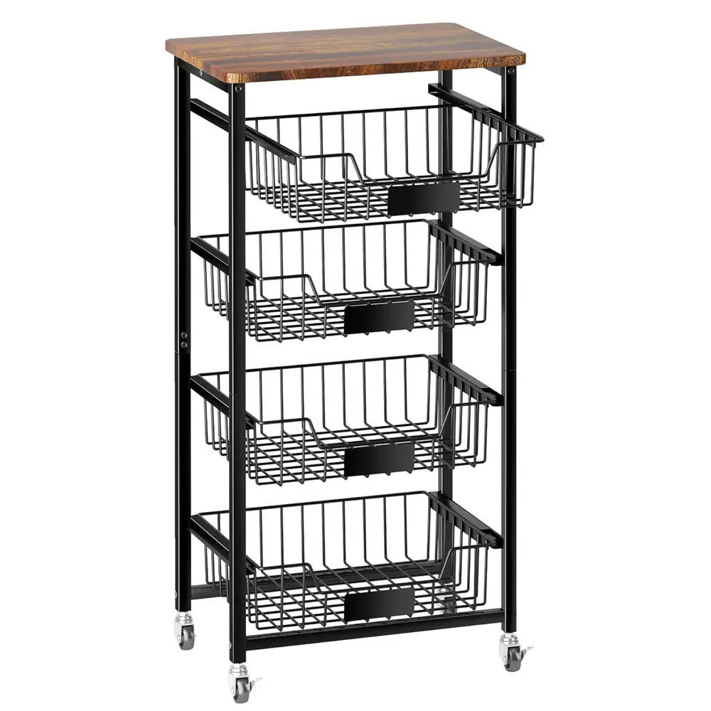 Brown 5-Tier Smooth Steel Multi-Compartment Rolling Storage Cart with Wood Top, Pull-Out Metal Baskets, Locking Wheels – High Capacity Solid Steel Utility Cart for Kitchen Pantry Fruit Vegetable Small Appliances, High Capacity Utility Carts