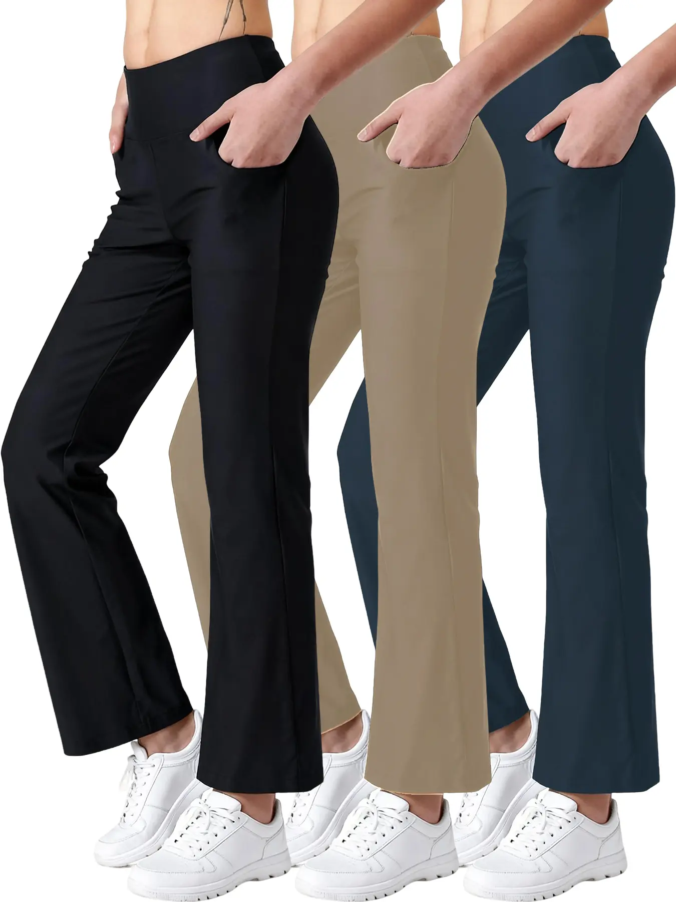 Women's 3PCS Straight-Leg Pants High-Waisted Stretch Jumpsuit with Pockets Breathable Activewear Bottoms Black Grey Khaki Gym Tights Fleece-Lined Comfortable Fit Gym Workout Leggings