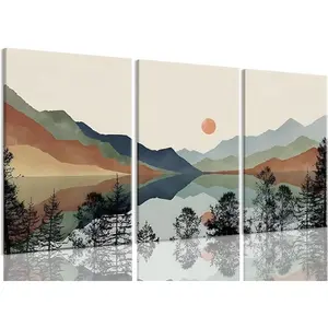 Bwodke 3-Piece Framed Wall Arts Set, Boho Watercolor Mountain Landscape Print Wall Arts, Natural Sun & Forest Decor for Living Room, Bedroom