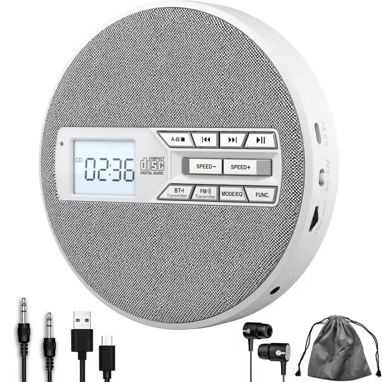 Rechargeable Bluetooth CD player with textured fabric surface, dual stereo speakers, five customizable EQ sound modes, and memory resume function; portable disc player for home vintage music fans and playback of old CD collections.
