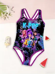 Girls' Jumpsuit Swimsuit, K-Pop Rainbow Stars Group Print, All Over Print, Block, Summer Beach Vacation Swimwear, Fitted Casual Style