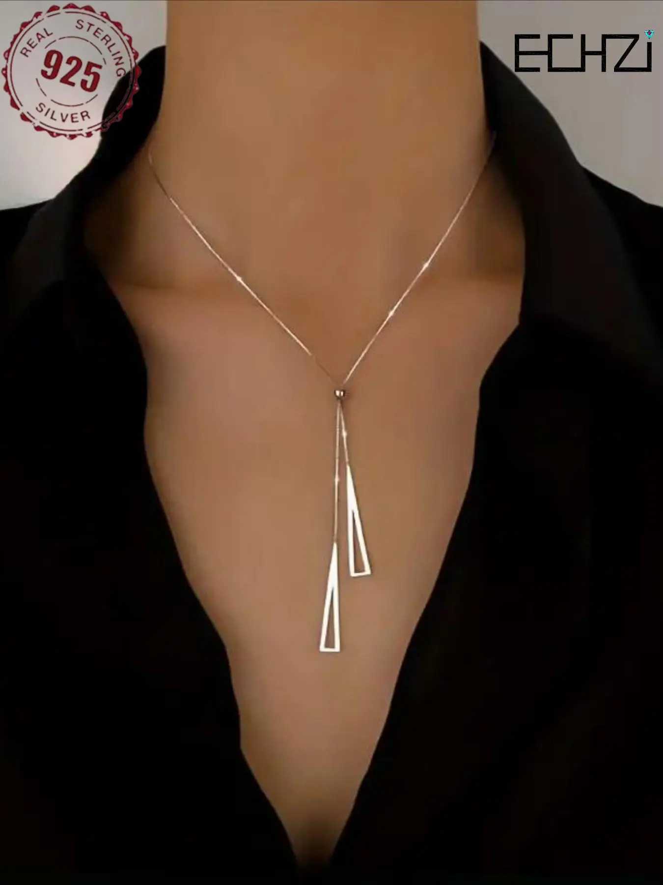 S925 Sterling Silver Adjustable Geometric Triangle Pendant Necklace, Elegant Style Y Shape Necklace, Minimalist Vacation Style Accessory