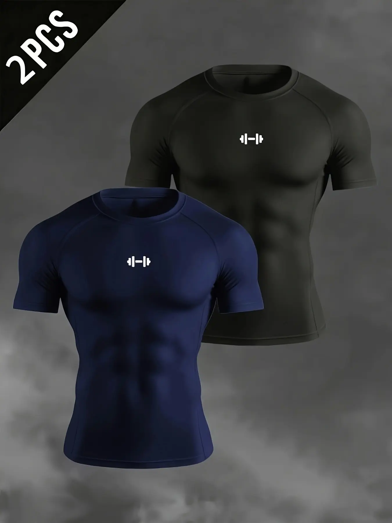 2-Pack Men's Dumbbell Print Compression T-Shirts, Quick-Dry, Breathable High Stretch Athletic Base Layer, Cool Graphic Design, Perfect for Gym, Running, Outdoor Training, Sports & Daily Wear, Athletic Workout Tees, Athletic Apparel, Athletic Clothing