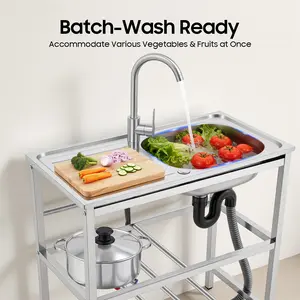Outdoor Utility Sink,Free Standing Stainless Steel Laundry Tub, Single Bowl Portable Washing Hand Basin Station,fish Cleaning Table&Storage Shelves for Garage, Restaurant, Kitchen,Camping, Backyard