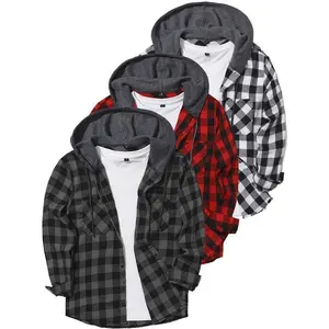 3Pack Men'S Plaid Hoodie Flannel Shirt Jacket Long Sleeve Casual Fashion Button Shirts Loose Menswear
