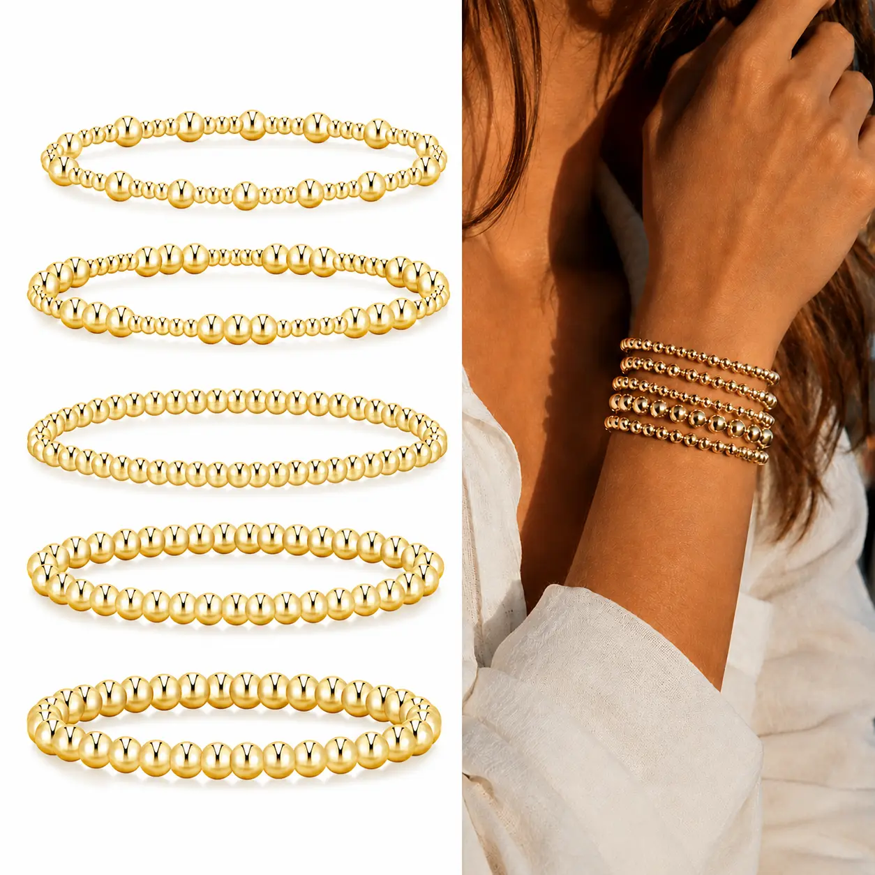 17KM 5PCS Gold Beaded Bracelets for Women, Waterproof Stretch Ball Bead Bracelet Stack, Adjustable Stackable Jewelry for Beach, Vacation & Everyday Wear