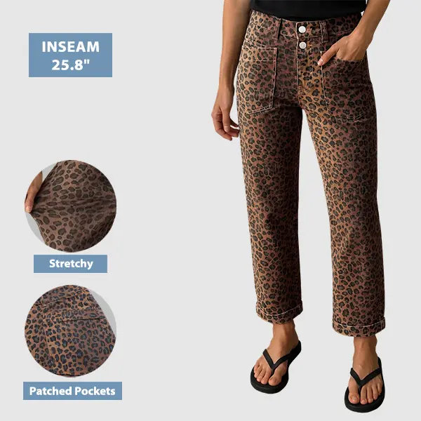 Flamingals Leopard Print Roll Hem Patch Pocket Mid Waist Straight Leg Cropped Pants Stretchy 25.8'' Inseam