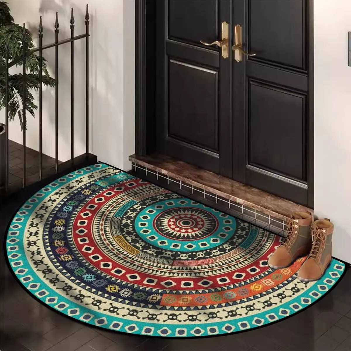 Boho Style Semicircular Door Mat, Non-slip Welcome Door Entrance Mat, Washable Floor Carpet for Home Living Room Bedroom Kitchen Bathroom Hotel