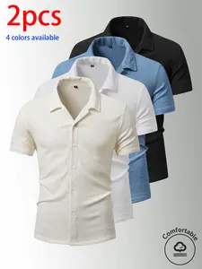 2-pack men’s summer short-sleeve shirts: men’s short-sleeve shirt, men’s shirt. Textured checkered short-sleeve shirt with button design; loose fit, turn-down collar, solid color, lightweight and breathable. Available in multiple colors—solid and versatil
