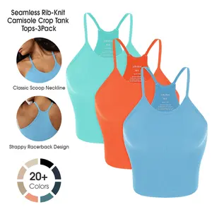 ODODOS Women's Crop 3-Pack Seamless Rib-Knit Camisole Waist Length Crop Tank Tops,No Padding