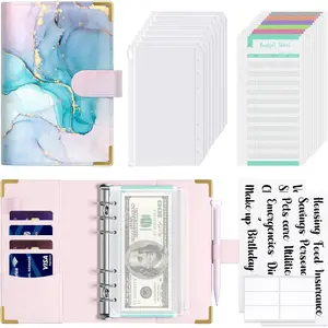 Budget Binder with Zipper Envelopes, A6  Saving Binder  Envelopes for Budgeting, PU Leather Planner  Organizer for  Bills, Cute Marble System Wallet for Women Men, Blue Ink