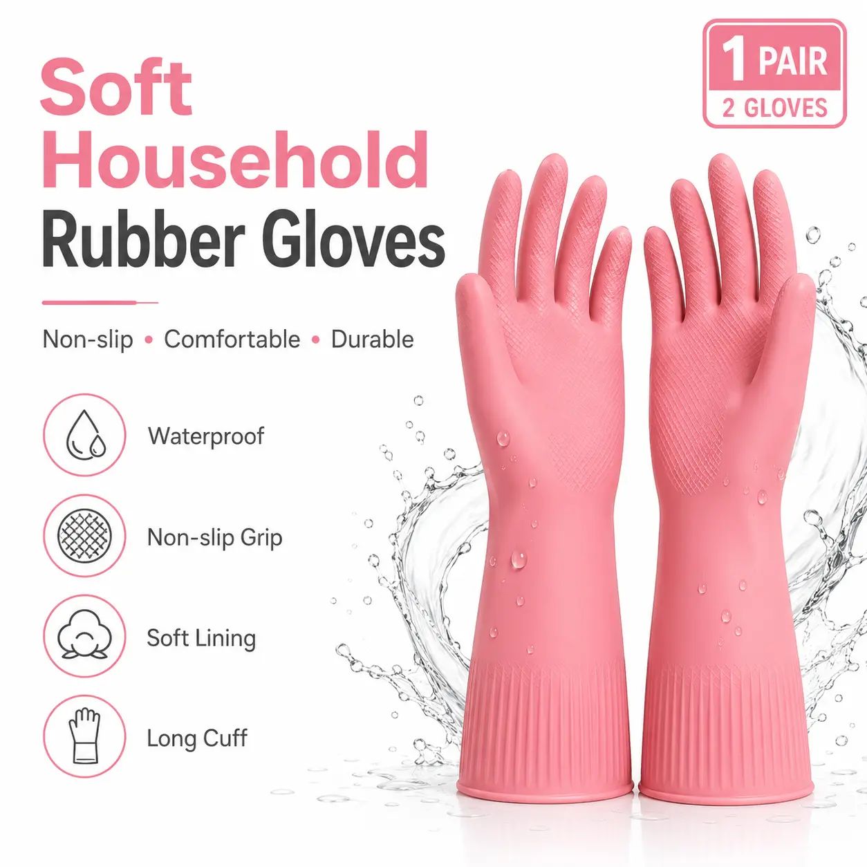 Rubber Gloves 1 Pair, Waterproof Non-Slip Cleaning Gloves, Durable Household Gloves for Dishwashing, Kitchen, Bathroom & Home Cleaning