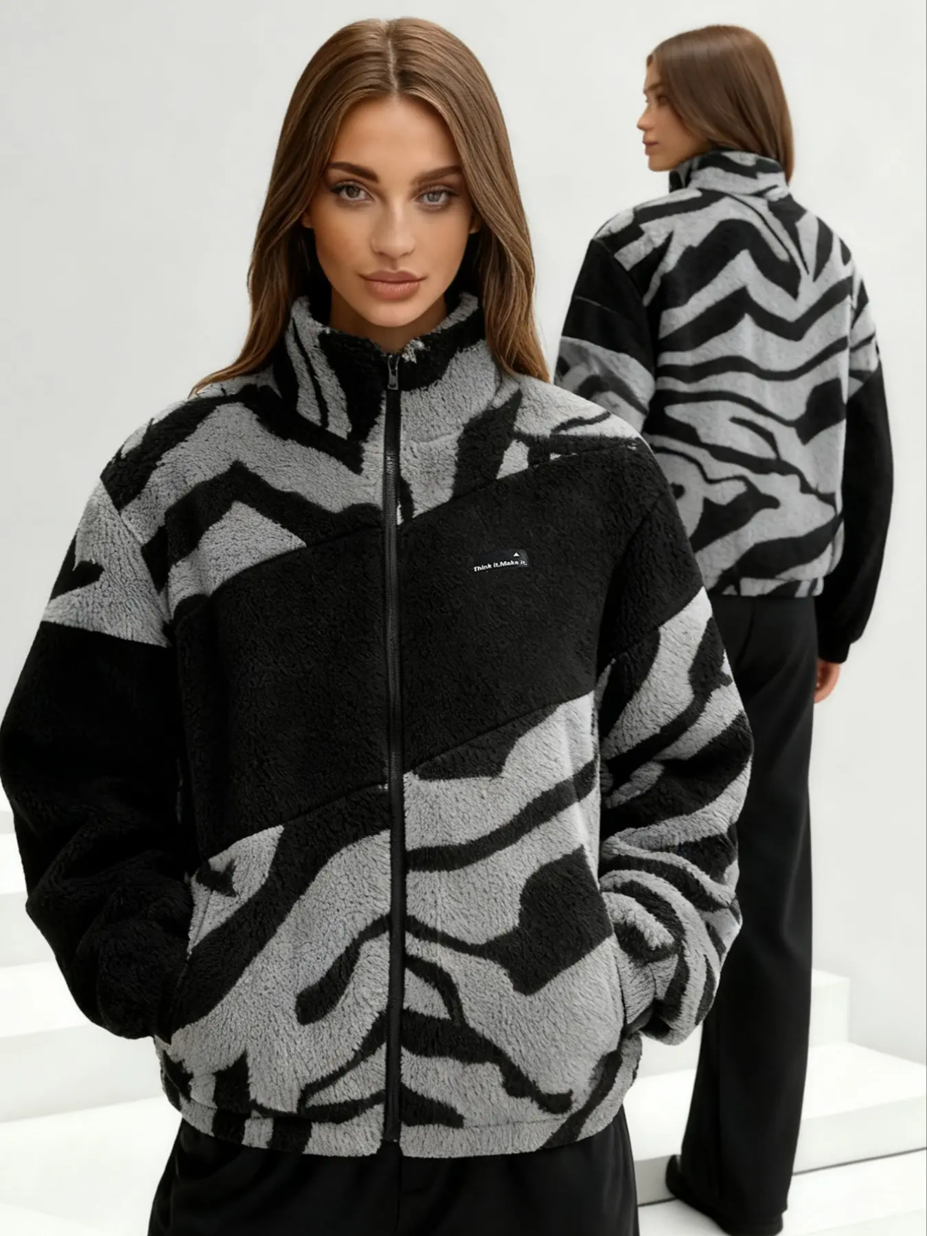 Unisex Y2K Style Gothic Runes Cross Pattern Streetwear Women Camo Colorblock Fall Winter Fleece Warm Fitted Casual Gorpcore Jacket Coat, High Street Culture Gift