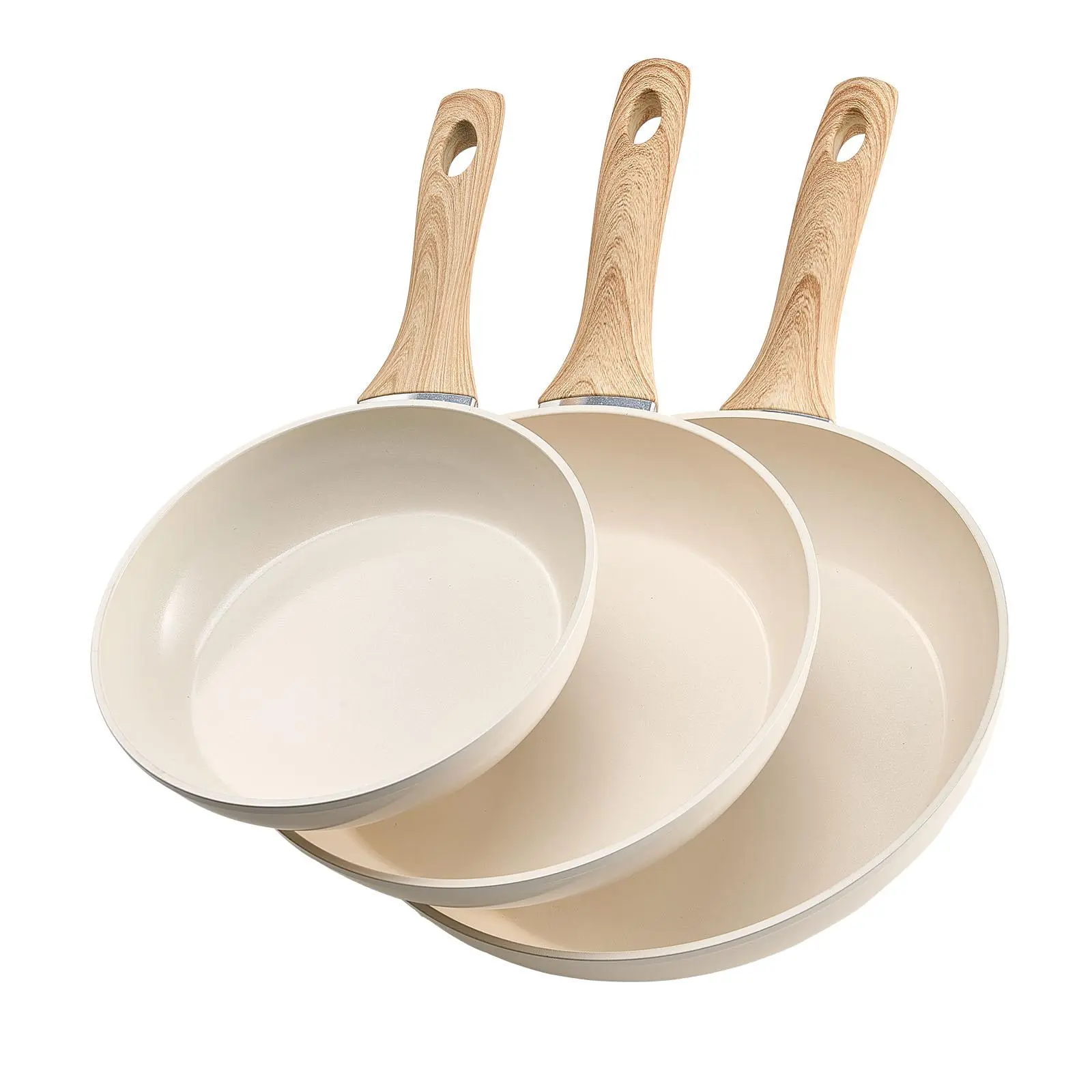 VEVOR Sturdy 3-Piece Aluminium Cookware Set - 8/9.5/11 in Nonstick Ceramic Frying Pans, Wood Grain Heat-Resistant Heat-Guard Handles, Even Heating Helps Seal In Flavors, Oil-Saving, for Gas/Electric/Induction Stoves, Beige
