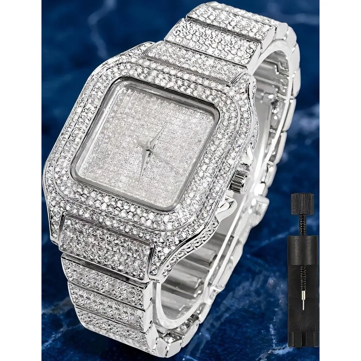 Unisex Iced-Diamond Fashion Watch, Square Face, Casual Style, Metal Strap, Pink & Silver Colors, Unisex Wear