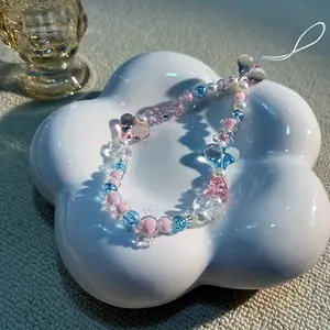 Mobile phone lanyard fresh and cute pink transparent heart-shaped DIY pendant Phone Charm suitable for iPhone Samsung phone airpods headphone case keychain bag camera fashionable women's short lanyard