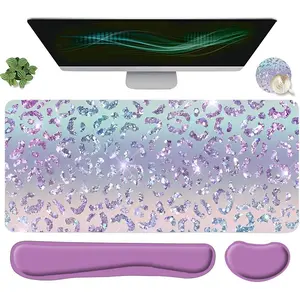 Sparkly Leopard-Print Mouse Pad Set, Mouse Pad & Keyboard Wrist Rest & Coaster, Waterproof Office Accessories Set, Non Slip Mousepad