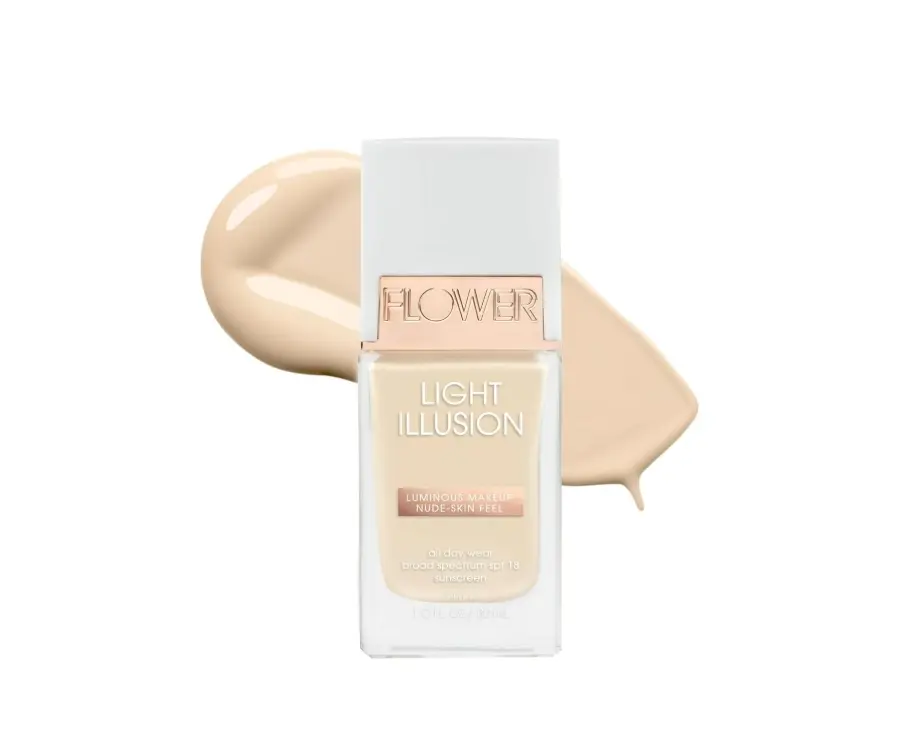 Flower Light Illusion Foundation, Blurring Liquid Makeup with SPF 18, Long Lasting Buildable Coverage for a Smooth, Glowing Finish, Weightless Cosmetic, Shade Shell L1, Blend, Radiance, Glowing Makeup, Flawless, Smoothing, Sun Protection, Natural Glow