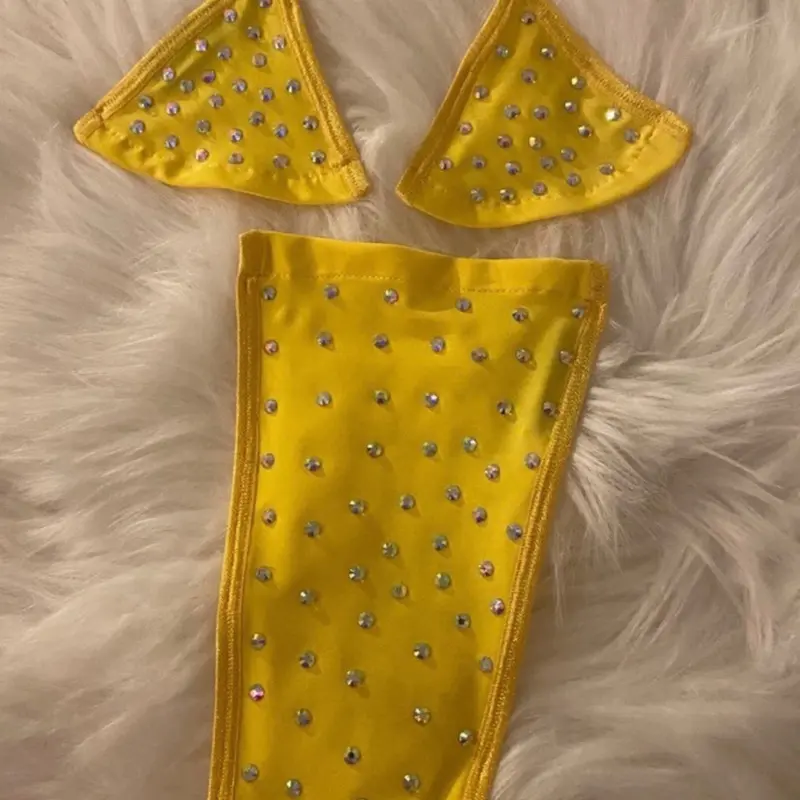 Custom Exotic Dancewear Microkini Set - (YELLOW) Strappy Top & Pants with beautiful Design Adjustable Straps Comfortable Fit for Dancing