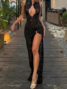 Women's Plain Floral Lace Sleeveless Dress, Sexy Fashion Split Thigh Dress for Party Club Dating Wear, Women Dress for Summer, Bodycon Slit Dress, Bodycon Fit Dress, Womenswear, Lady