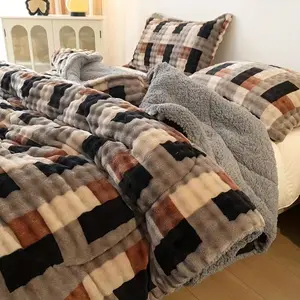 Extra Thick Fleece Quilt Set Warm Comforter Bedding for Christmas Room Decor Queen Size Cozy Holiday Home Blanket Set