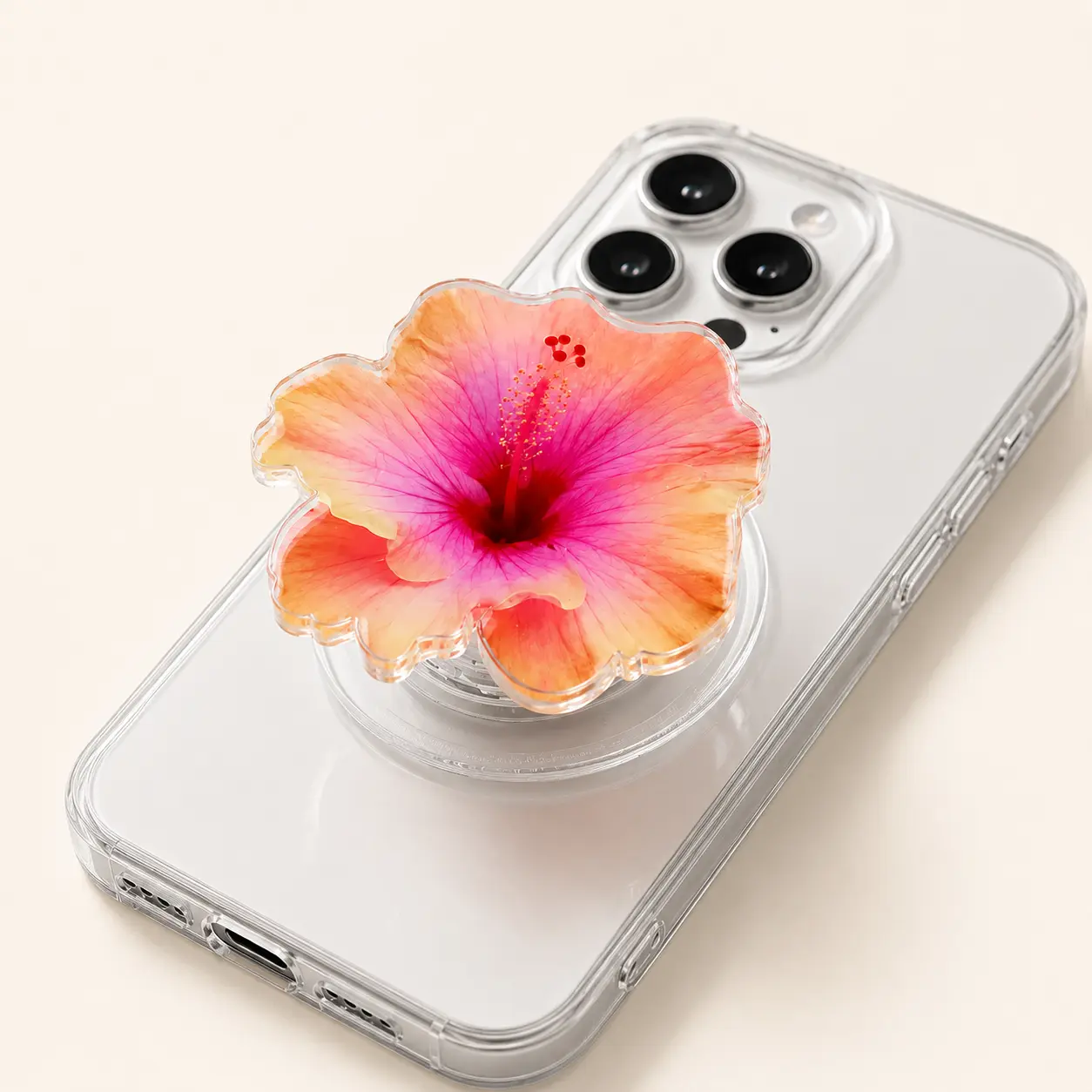 Tropical Hibiscus 2D Phone Grip, Peach Pink Flower Acrylic Grip, Magnetic Phone Holder & Kickstand Accessory