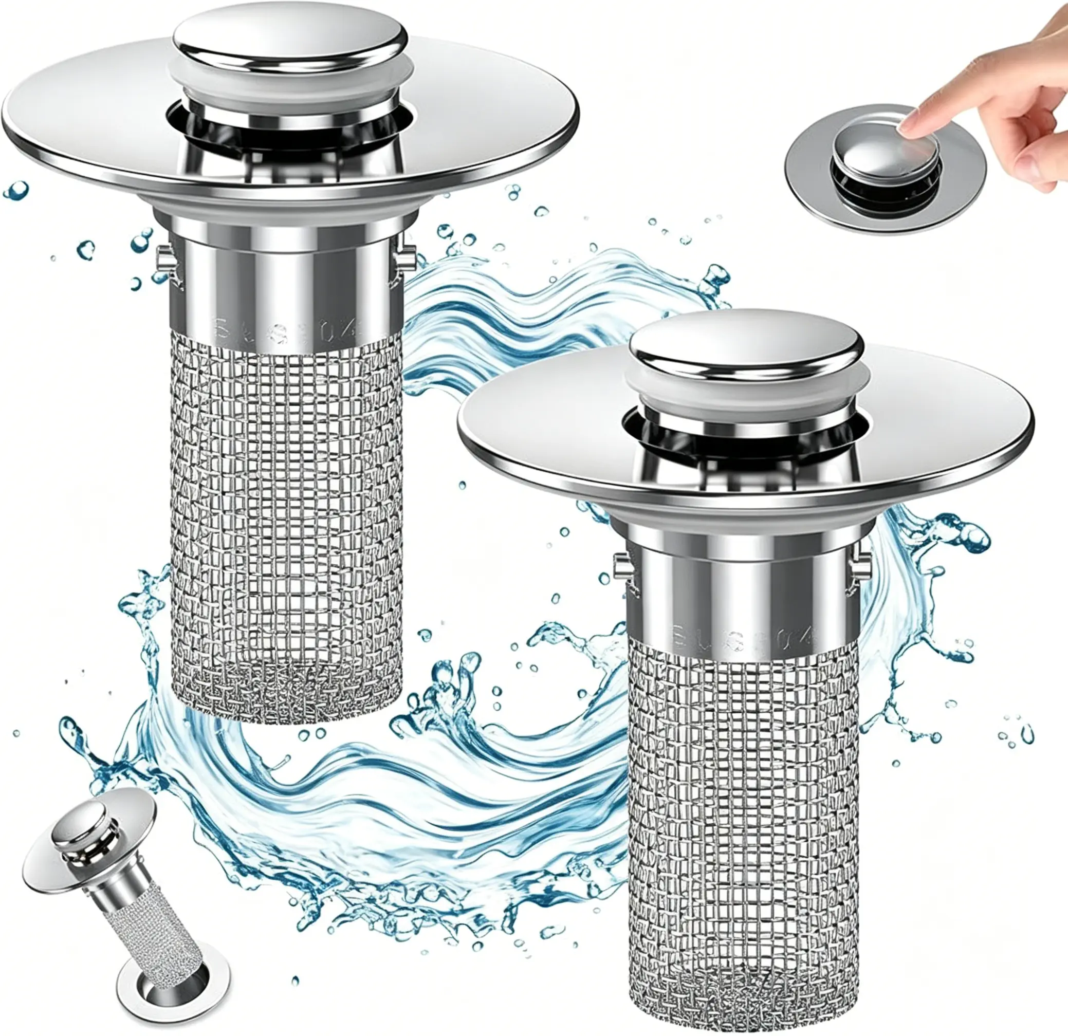 Sink drain filter,2 pcs Pop-Up Bathroom Sink Drain Strainer, Stainless Steel Hair Catcher Basket with Brass Drain Plug, for Bathroom Sinks, Bathtubs, Showers & Floor Drains
