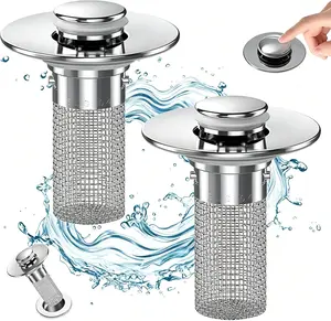 Sink drain filter,2 pcs Pop-Up Bathroom Sink Drain Strainer, Stainless Steel Hair Catcher Basket with Brass Drain Plug, for Bathroom Sinks, Bathtubs, Showers & Floor Drains