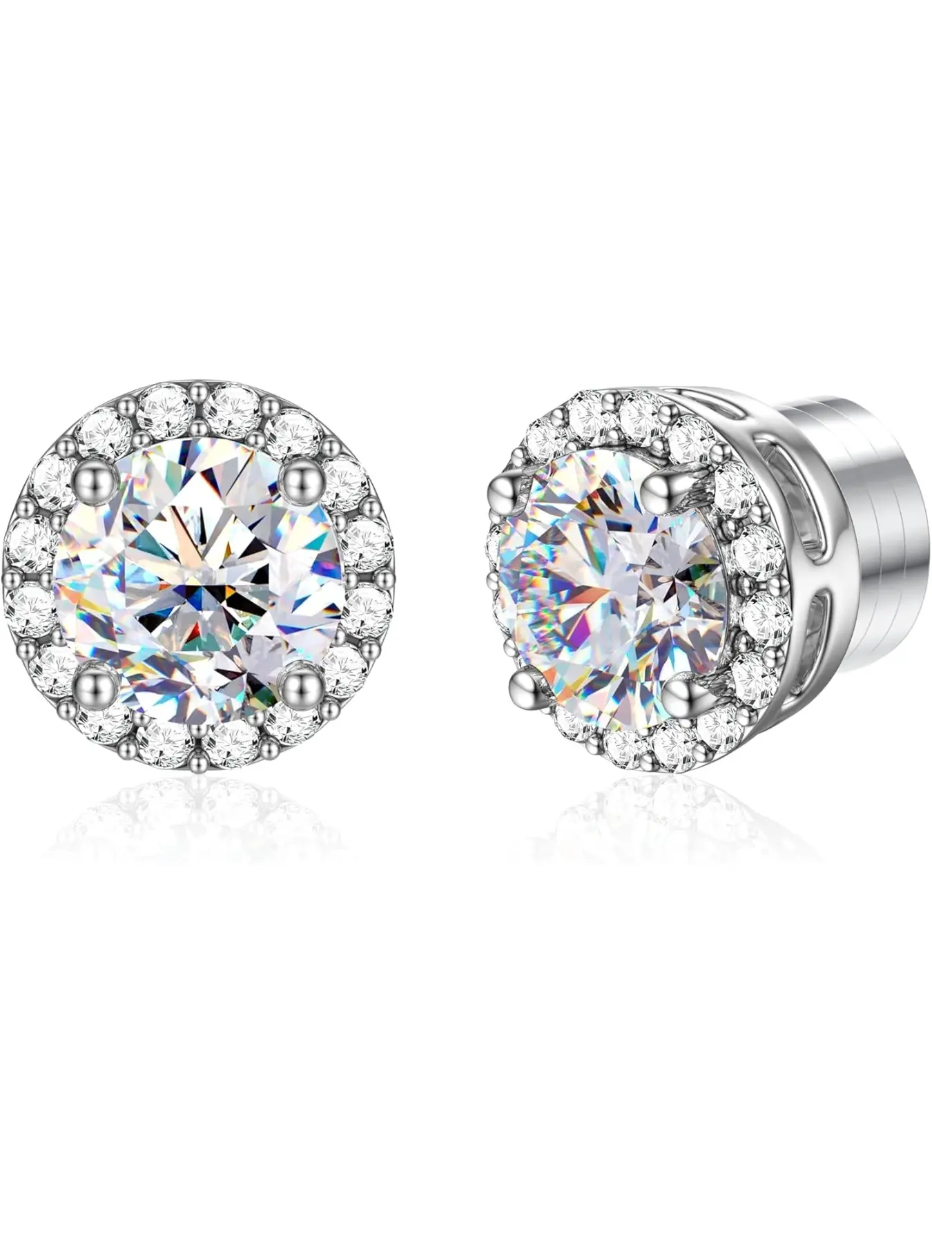 Moissanite Magnetic Earrings for Men : 18K White Gold Plated Hypoallergenic Stainless Steel Non Piercing Clip on Fake Earrings Studs Halo Round Square Diamonique Earring Women D Color VVS1 High Quality Earrings
