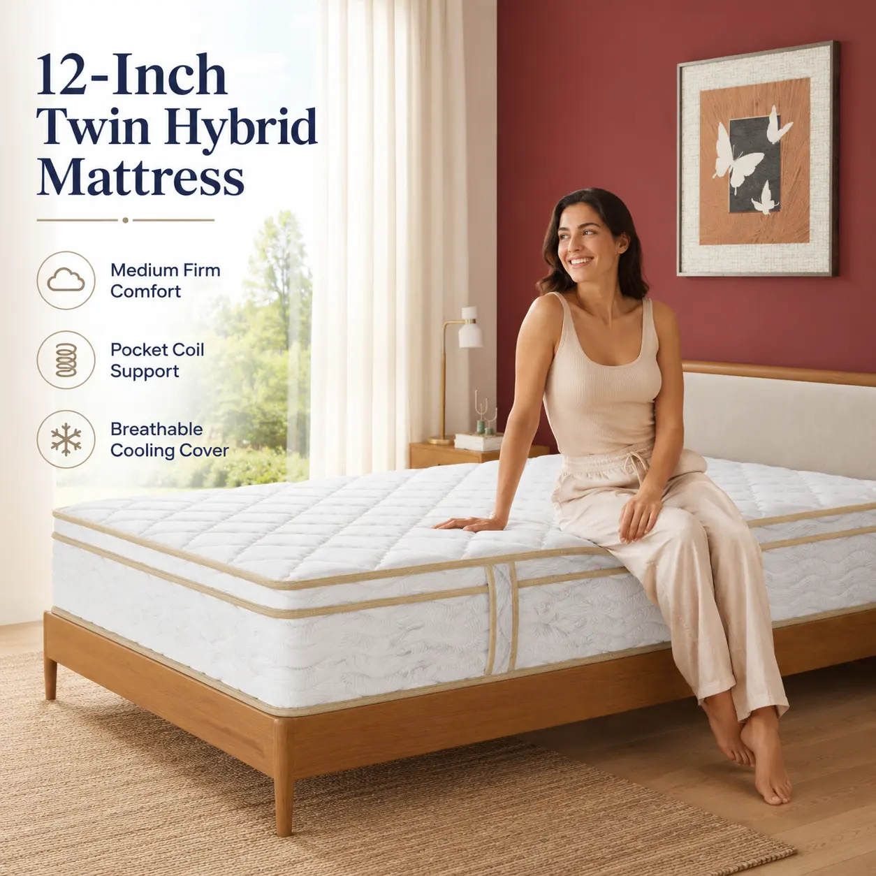 12-Inch Twin Size Hybrid Mattress, Memory Foam & Innerspring Construction for Cool Sleep, Motion Isolation, Pressure Relief