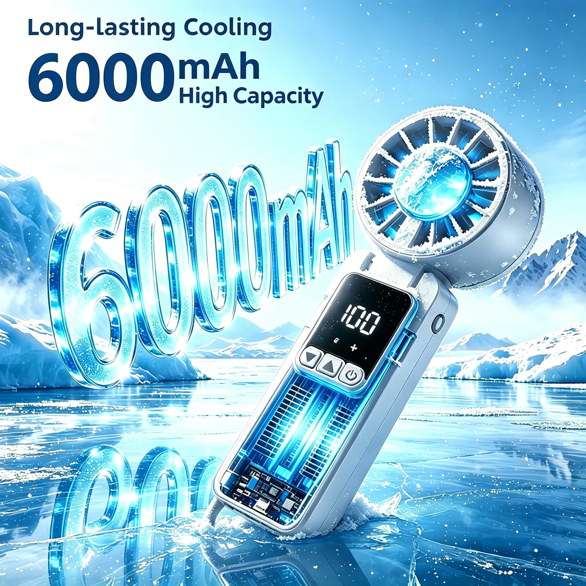 Portable Handheld Fan, Foldable Compact Mini Turbo Design, 199 Adjustable Speeds, 6000mAh Rechargeable USB-C, Digital Display Battery Indicator, Press-and-Hold Speed Adjustment, Ideal White Elephant Gift for Travel, Beach