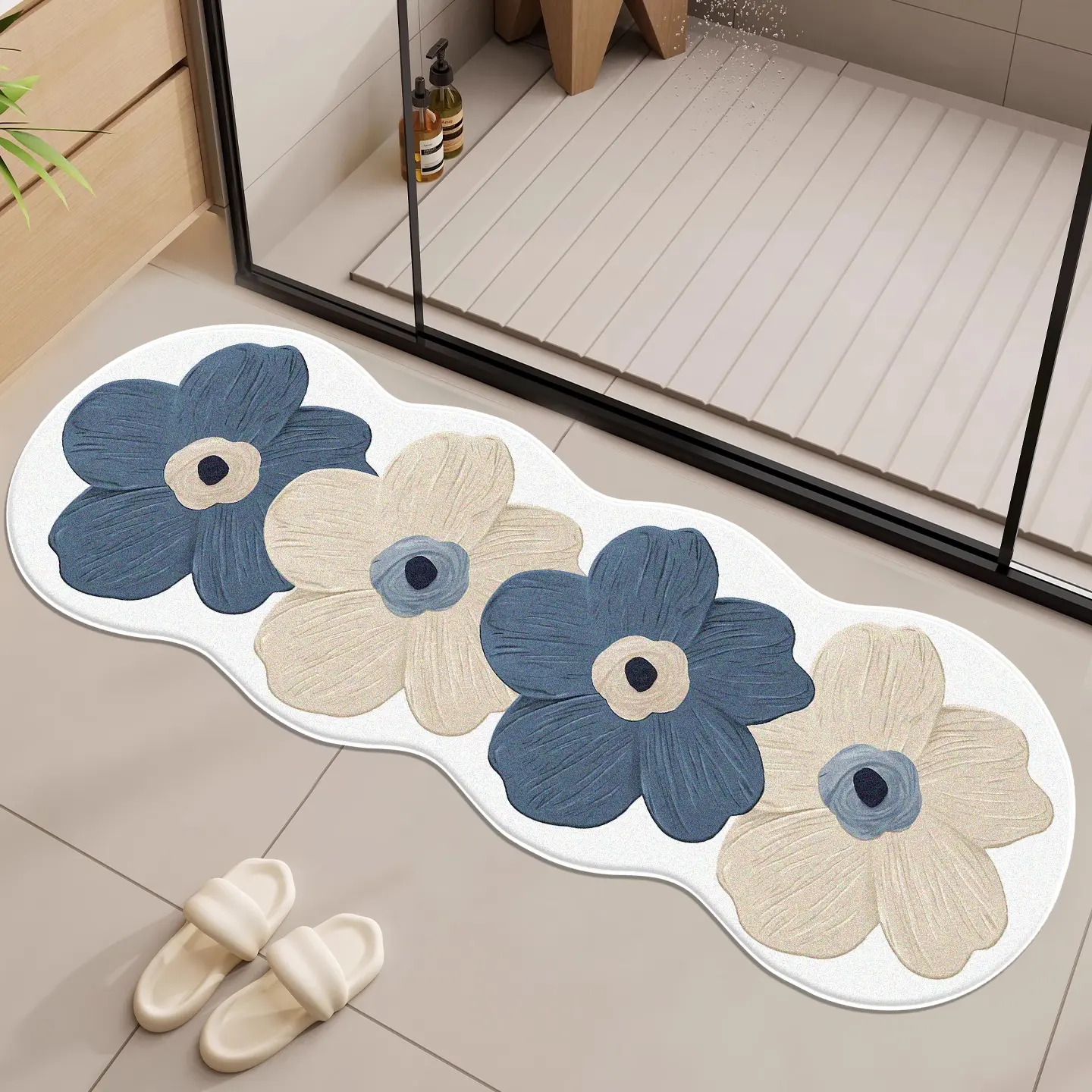 Blue Floral Shaped Bathroom Mat Non-Slip Soft Machine Washable, Ideal Home Decor Decorative Rug Runner Rug Camellia Shaped Rug for Bedroom Living Room Kitchen Non Slip Rugs