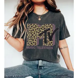 MTV Classic Leopard Print Graphic T-Shirt For Women, Retro 80s 90s Style Fashion Outfit, Cotton Oversized Comfort Cute Top, Perfect Matching Gift For Family, Mom, Her & Friends