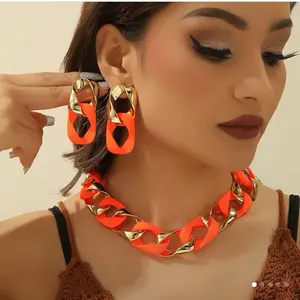 Bohemian Chunky Chain Necklace And Earring Set - Acrylic & CCB Material, Multi-Layered Design, Fashionable Accessories for Women