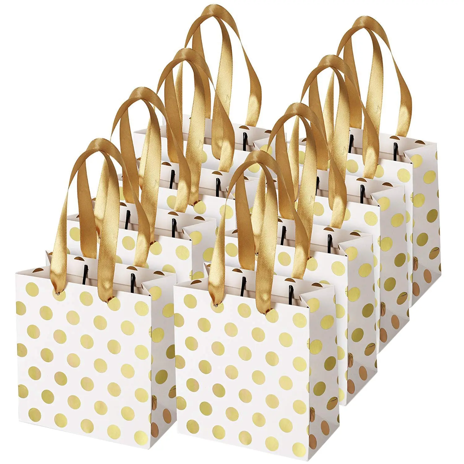 8-Pack Bulk Metallic Polka Dots Gold Mini Gift Bags with Ribbon Handles - Wedding Favors, Holiday Car Interior Stowing & Tidying Accessories, Party Supplies