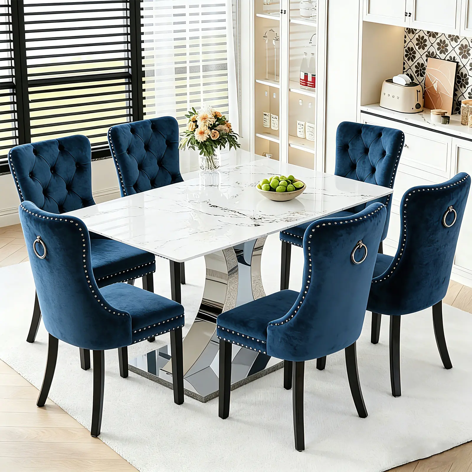 1 Table+6 Blue  Solid Wood Legs