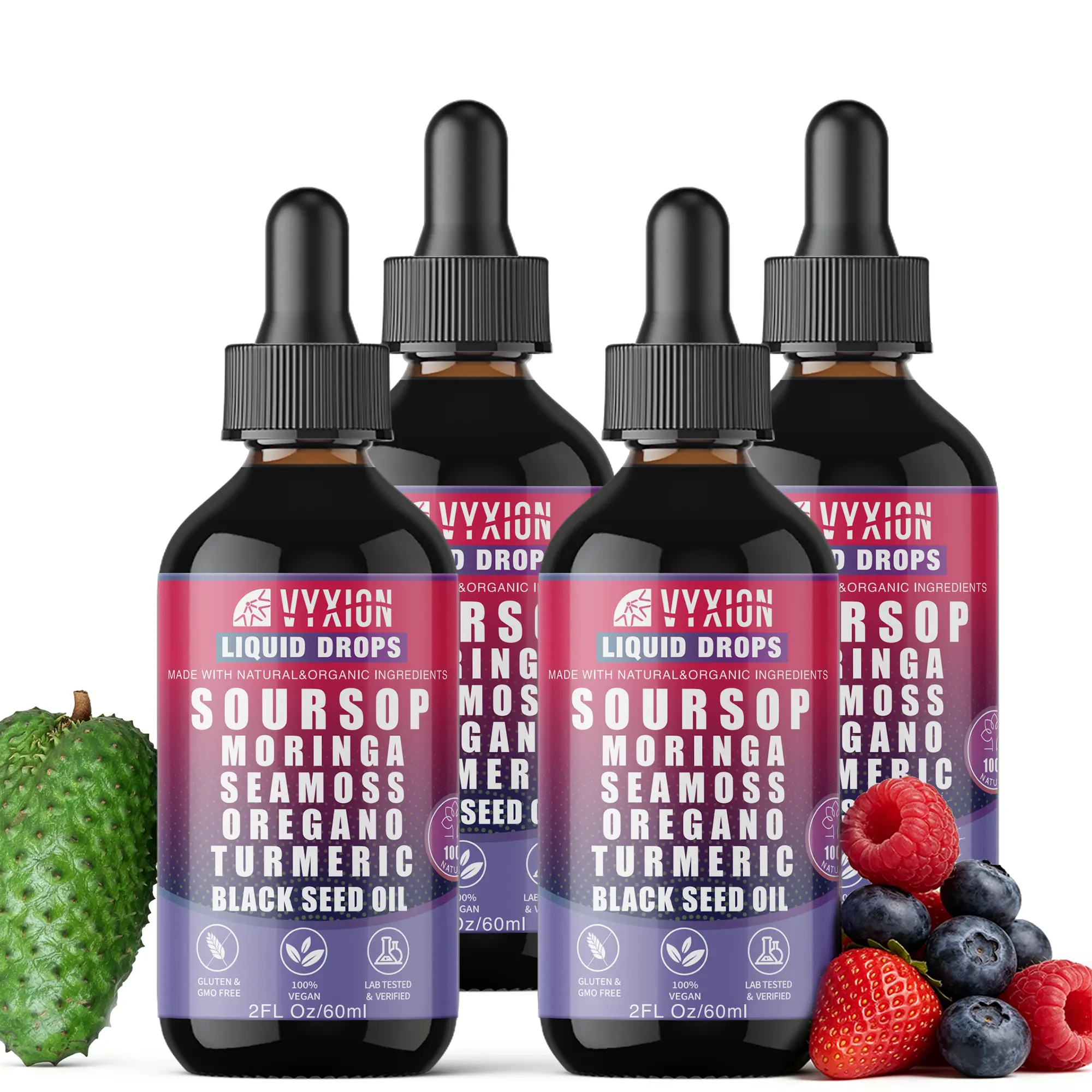 VYXION Mixed Berry Flavor Soursop Bitters Liquid Drops 10 in 1 with Sea Moss, Moringa, Turmeric, Black Seed Oil, Oregano, Ashwagandha | Herbal Extracts| 2 Fl OZ - 4 Packs
