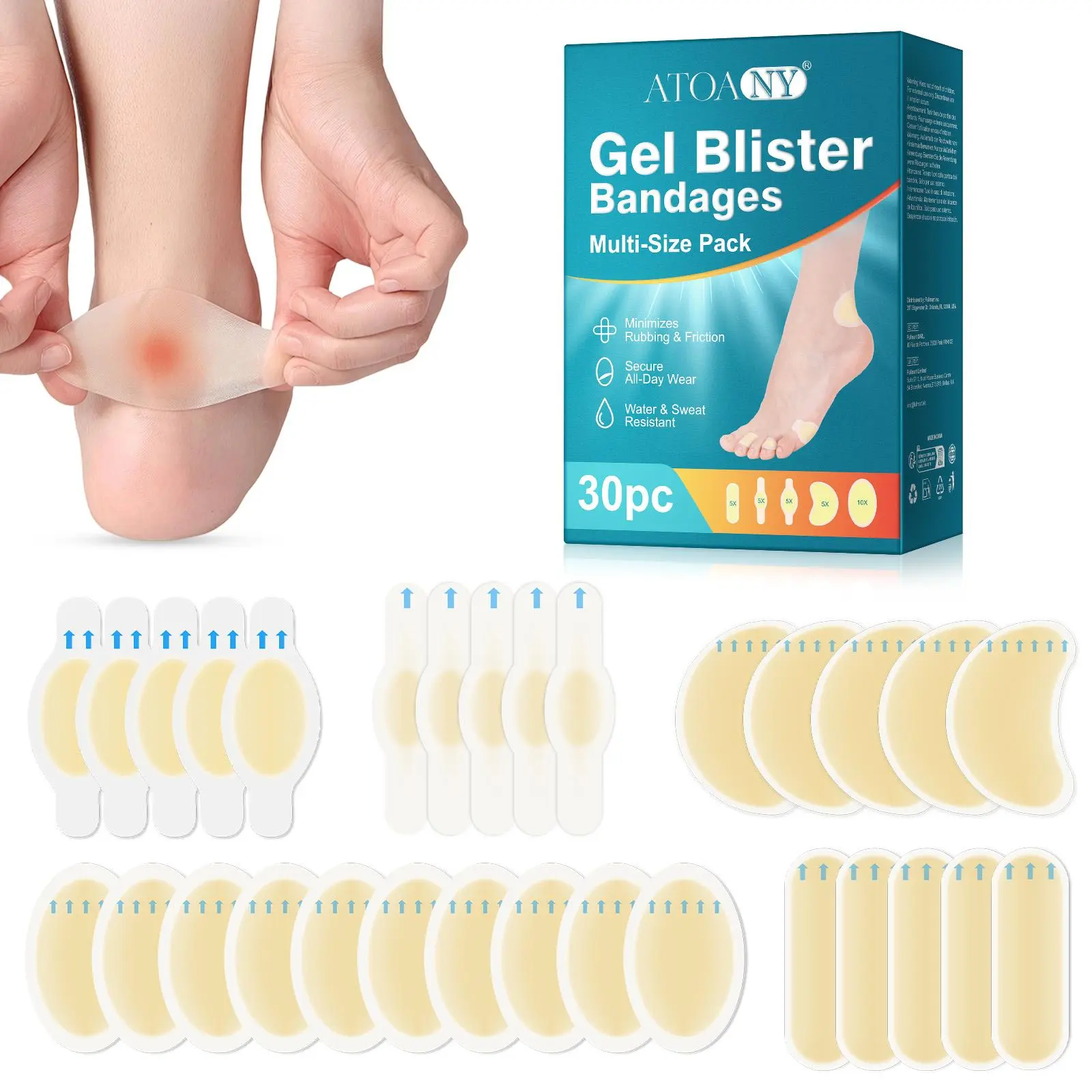 Atoany Gel Heel Cushion Pads 30pcs Mixed Pack, Foot Care Gel Bandages for Blister Prevention, Waterproof Adhesive Inserts, Waterproof & Sweatproof, Ideal for Outdoor Sports, Waterproof Protection