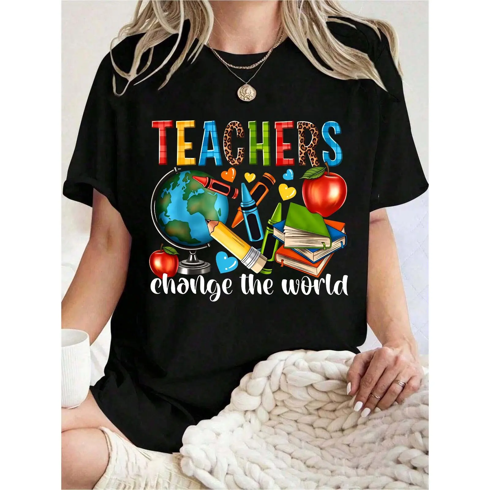 Women's Teachers Change The World Print T Shirt,100% Cotton Short Sleeve Round Neck Teacher Appreciation Day School Education Gift,Comfortable & Breathable Material,Size S-5XL