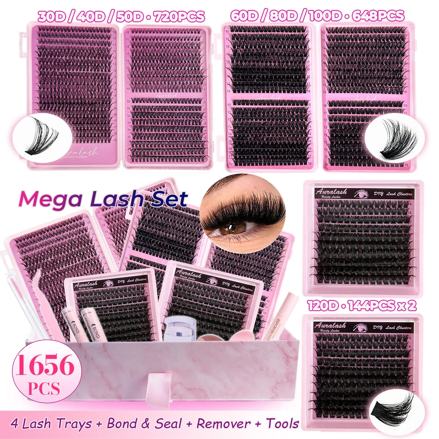 1656PCS Lash Extension Kit, DIY Cluster Lashes Set, Natural to Volume Styles, 30D 40D 50D 60D 80D 100D 120D, D Curl Lash Tray Kit, Beginner Friendly, Soft Lightweight, Salon Effect, Eyelash Extension, At-Home Lash Extensions, Eyelashes Extension Set