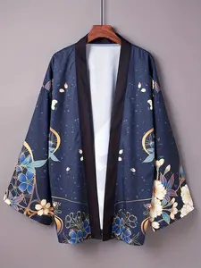 Trendy Bohemian Beach Vacation Cover-Up Shirt, Vintage Japanese Inspired Traditional Long Sleeve Kimono with Crane Print, Lightweight & Loose-Fitting for Relaxed Style, Womenswear