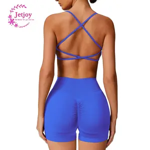 Jetjoy Workout Sets for Women, Seamless Workout Sets for Women 2 Piece Halter Sports Bra+Hidden Scrunch Shorts Yoga Outfits Gym Tracksuit