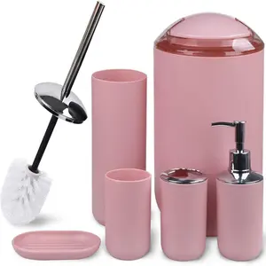 Bathroom Accessories Set 6 Piece Bath Ensemble Includes Soap Dispenser, Toothbrush Holder, Cup, Dish for Decorative Countertop and Housewarming Gift (Blush pink-6pcs)