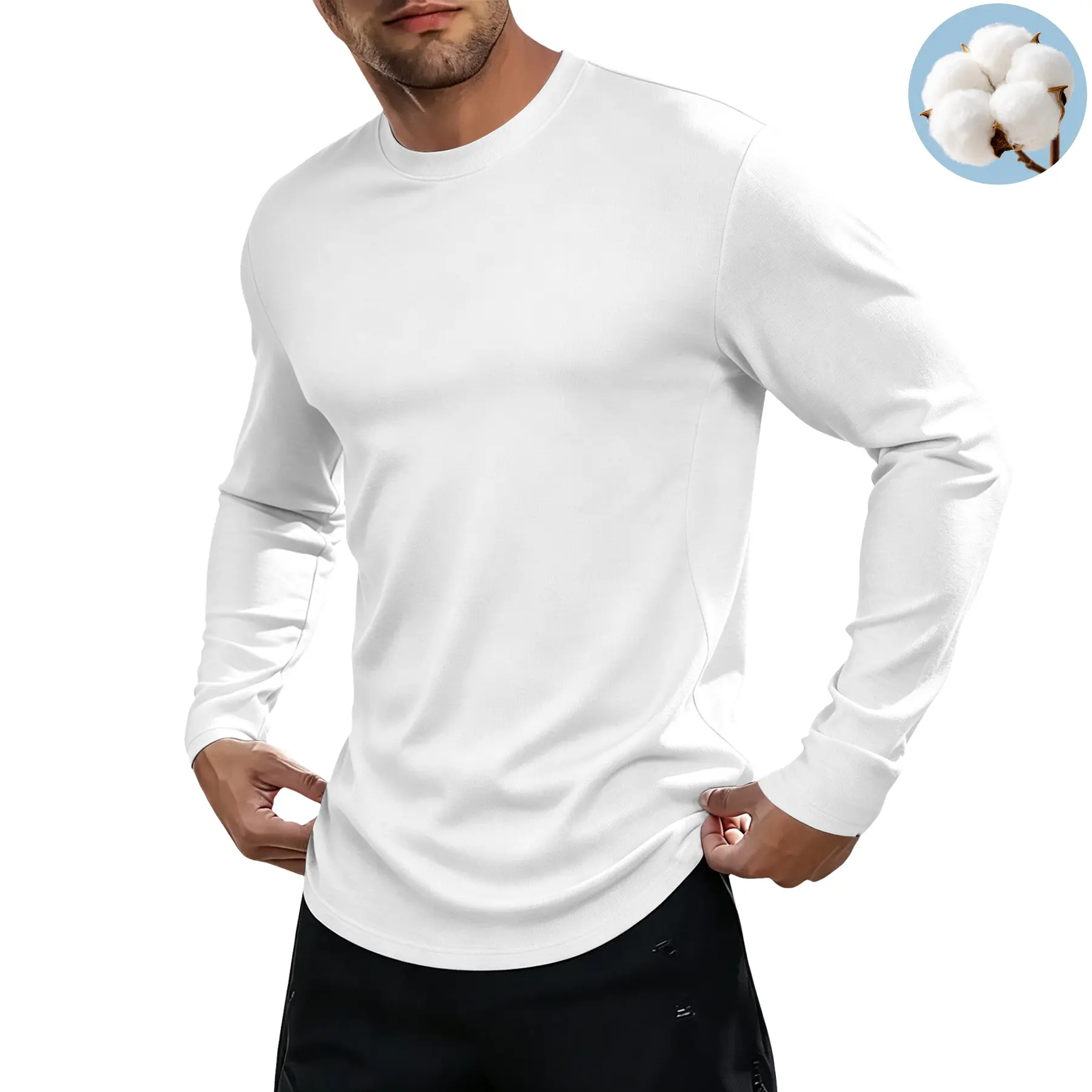 Men's Vintage Cotton Long-Sleeve Full-Length Tees - Unisex Wear, Breathable Fitted Cut Tops for Gym Workouts, Outdoor Sports, Ideal Gift for Boyfriends