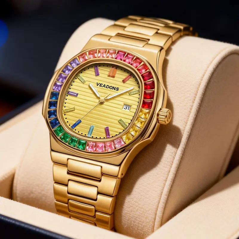 Luxury Square Wristwatch – Rainbow Crystal Accents | High‑End Men’s Timepiece with Diamond Mirror Finish  | Versatile Casual & Business Look | Ideal Gift for Him | Stylish Wristwatch with Date Function
